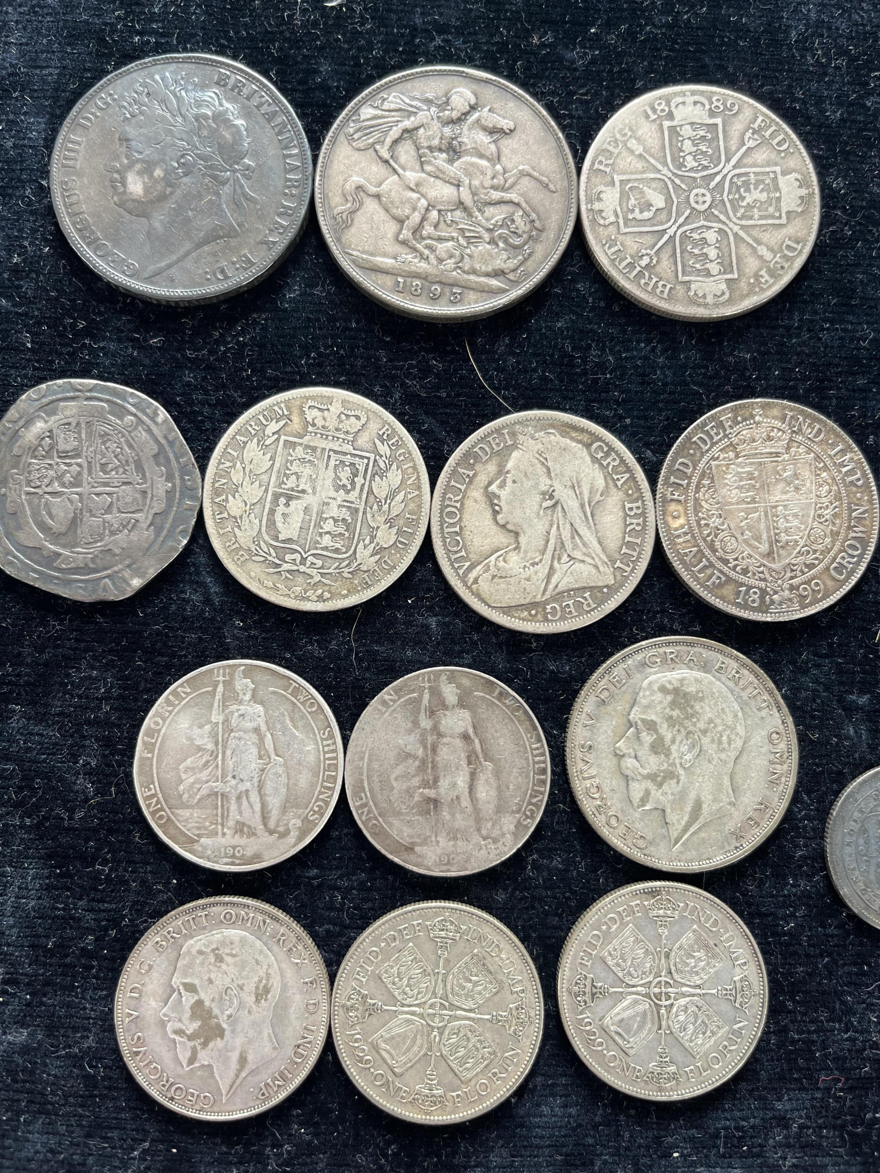 British silver coins, Charles I to George V, including Charles I halfcrown (clipped), George IV crown 1821, Victoria- crown 1893, double florin 1889, halfcrowns, 1883, 1899 (about EF), 1900, shilling 1897, VF, two Edward